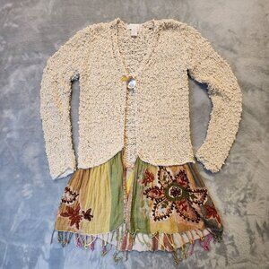 Soft Surroundings Tiered Sweater Small Boho Hippie Embroidered Fringe Abalone